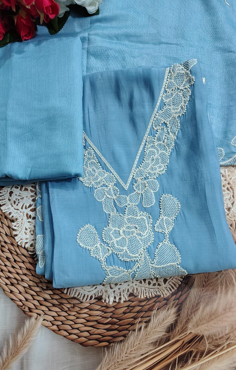 Premium Mul Chanderi Embroidered Unstitched Suit with Heavy Embroidered Dupatta | Code 072 | AASAKI