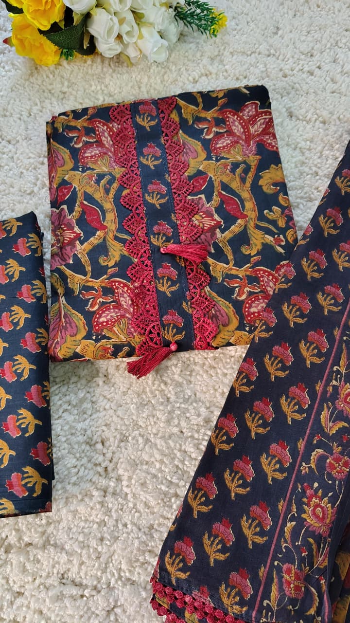 Code 038 – Premium Pure Cotton Printed Suit with Lace Work | Aasaki