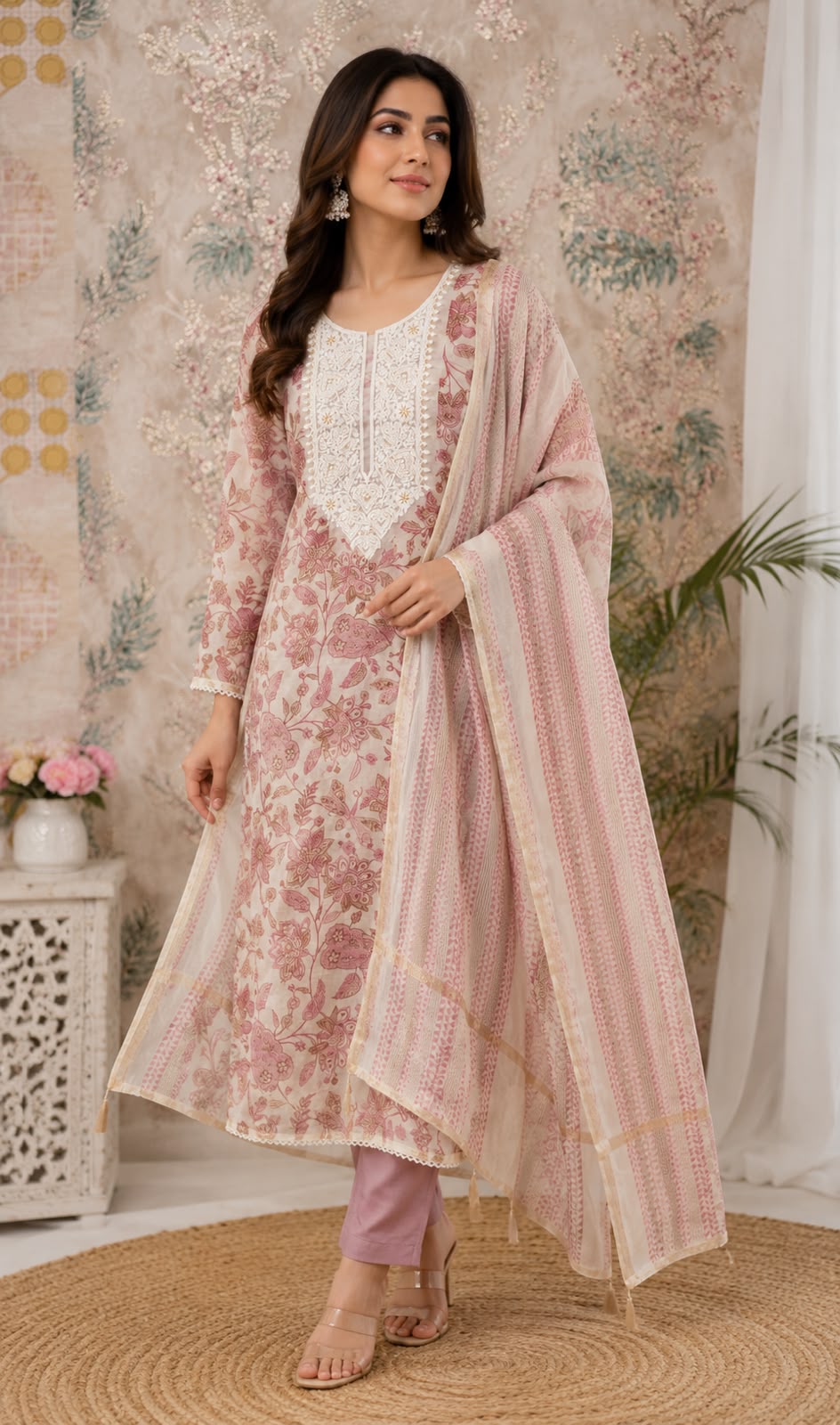 Pink Floral Mul Chanderi Unstitched Suit Set with Dupatta | Code 075 | AASAKI