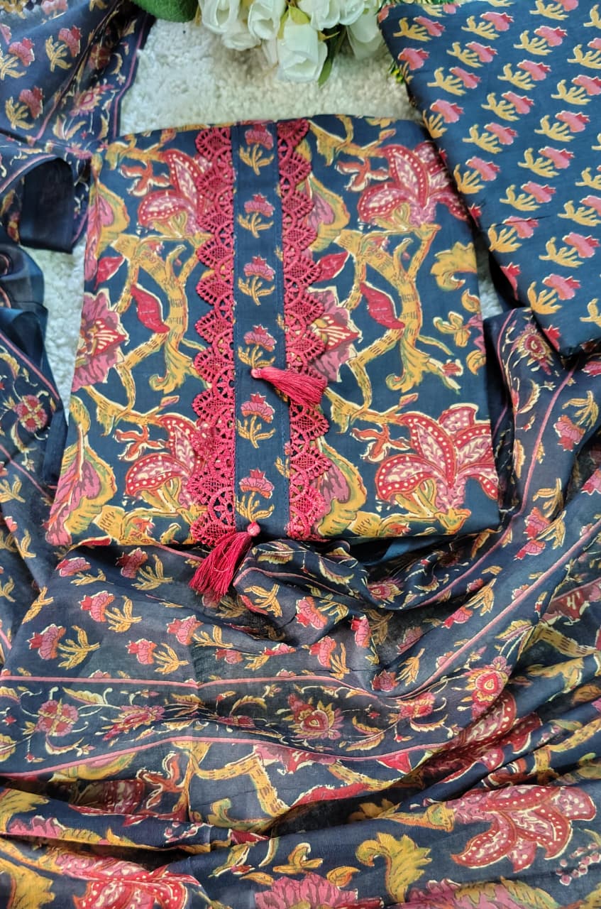 Code 038 – Premium Pure Cotton Printed Suit with Lace Work | Aasaki