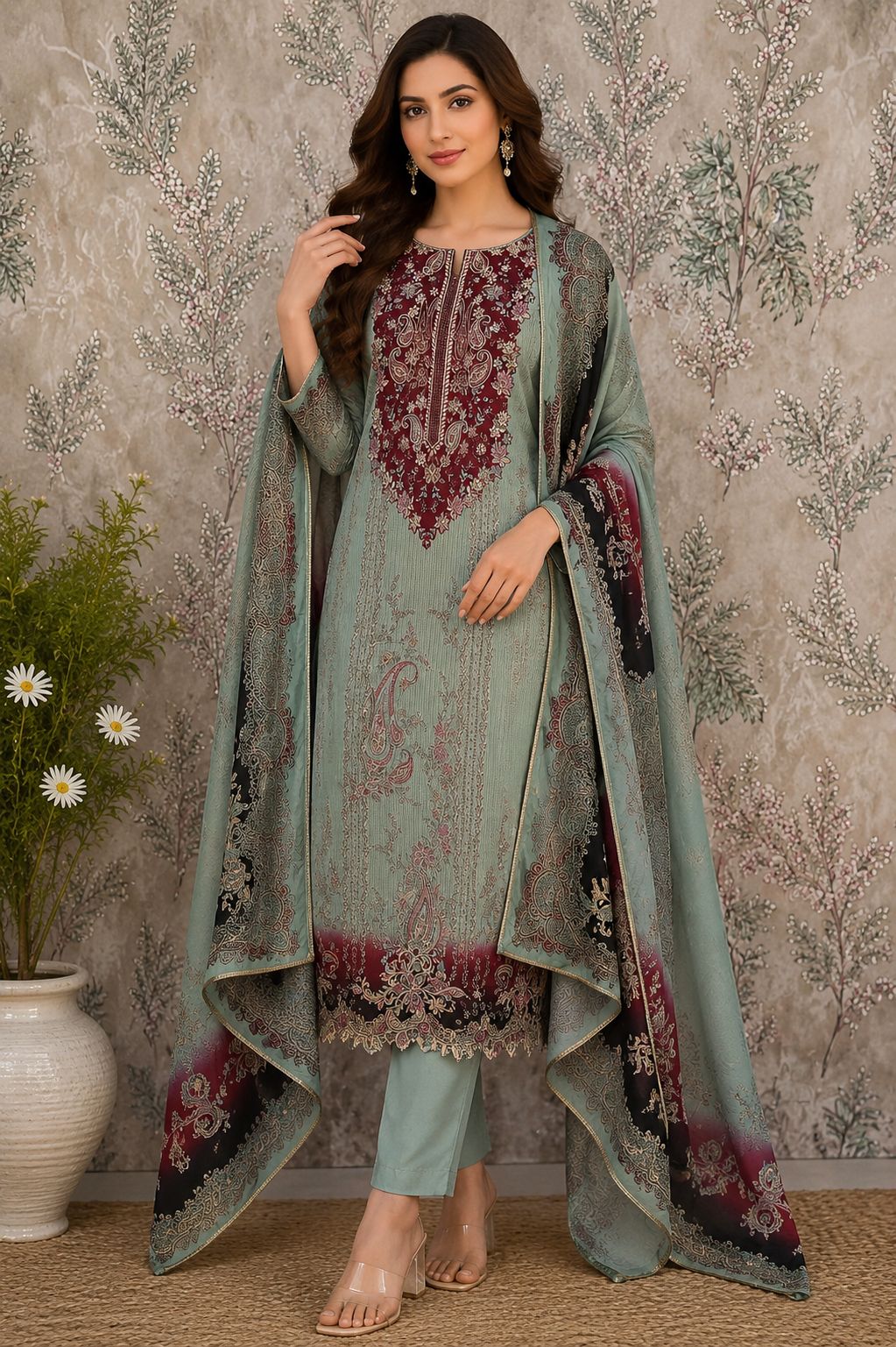 Premium Silk Designer Unstitched Suit with Printed Dupatta | Code 035