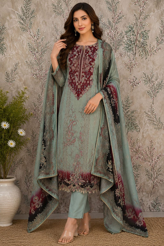 Premium Silk Designer Unstitched Suit with Printed Dupatta | Code 035