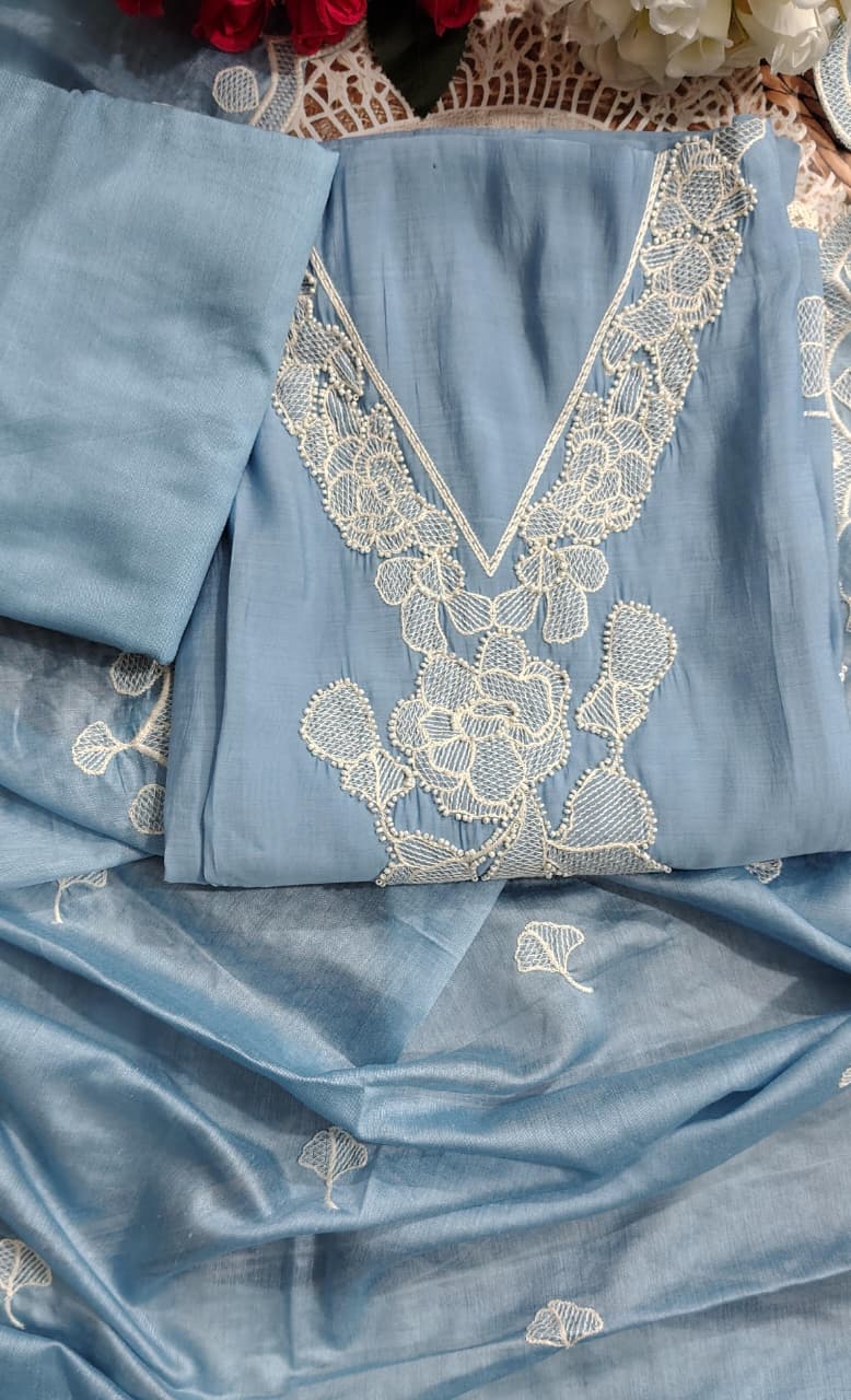 Premium Mul Chanderi Embroidered Unstitched Suit with Heavy Embroidered Dupatta | Code 072 | AASAKI