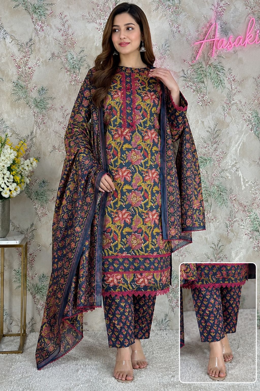 Code 038 – Premium Pure Cotton Printed Suit with Lace Work | Aasaki