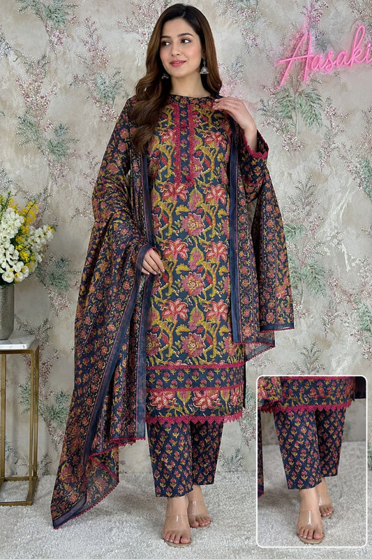 Code 038 – Premium Pure Cotton Printed Suit with Lace Work | Aasaki