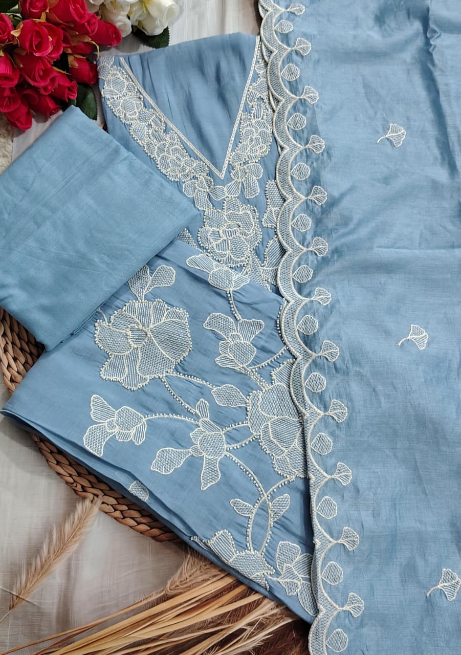 Premium Mul Chanderi Embroidered Unstitched Suit with Heavy Embroidered Dupatta | Code 072 | AASAKI