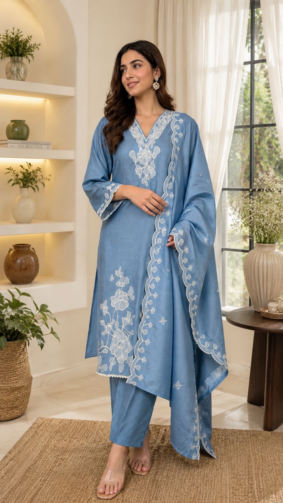 Premium Mul Chanderi Embroidered Unstitched Suit with Heavy Embroidered Dupatta | Code 072 | AASAKI