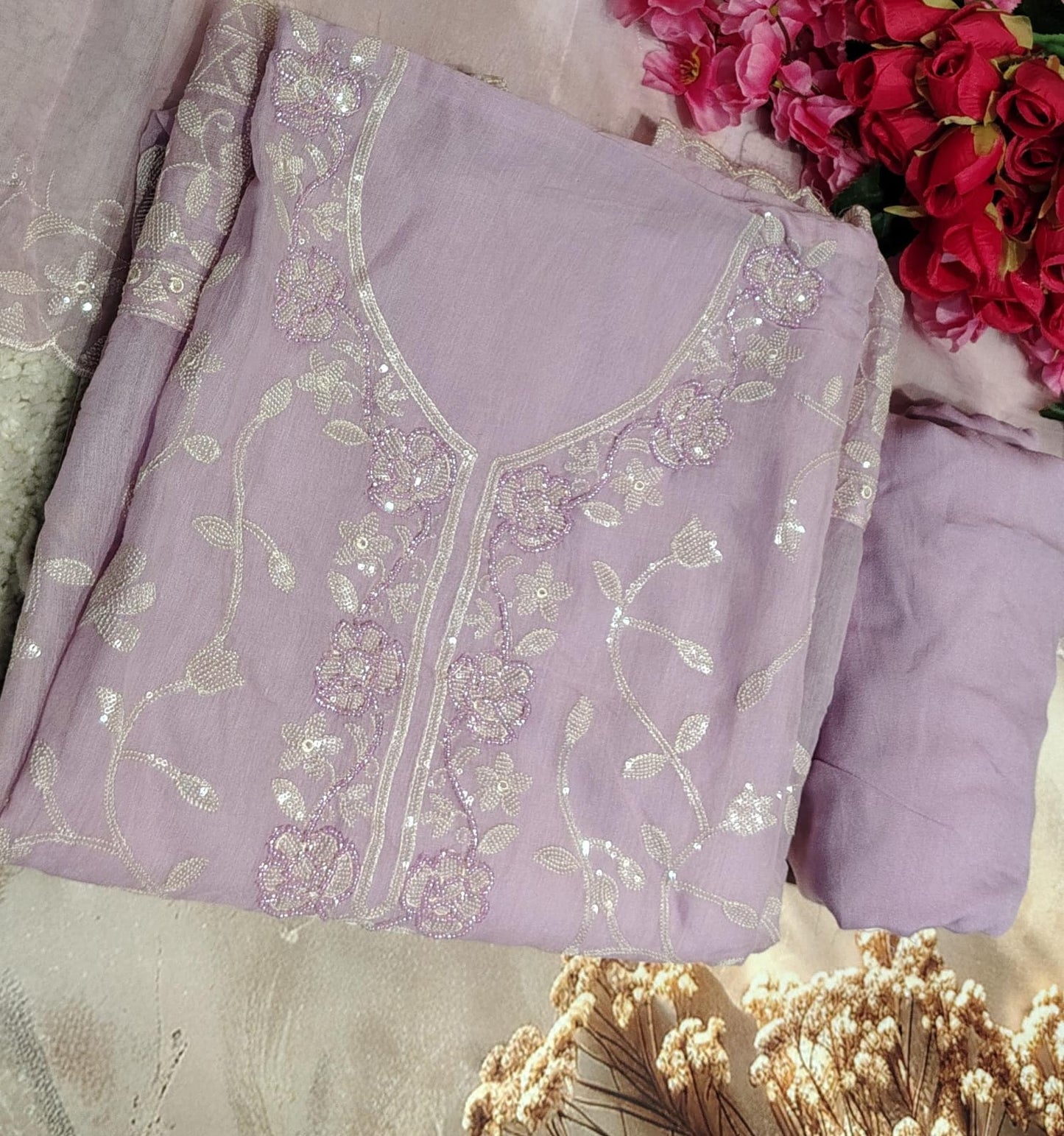 Lavender Mul Chanderi Heavy Embroidered Unstitched Suit Set with Dupatta | Code 071 | AASAKI
