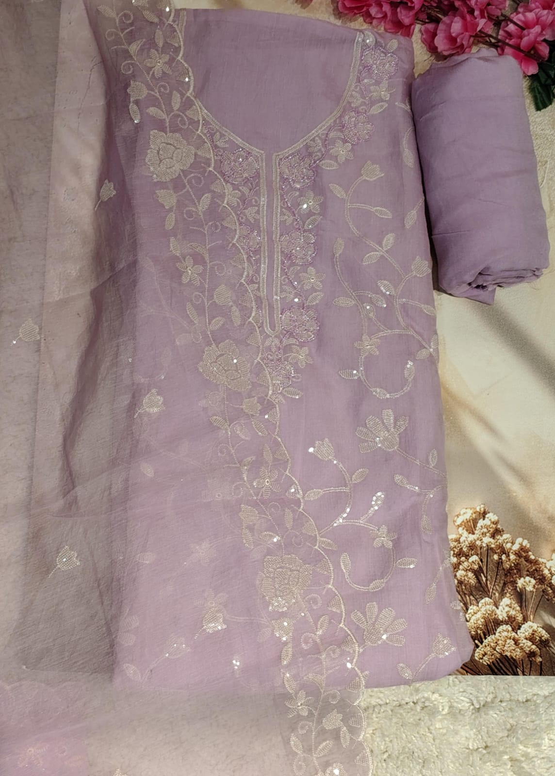 Lavender Mul Chanderi Heavy Embroidered Unstitched Suit Set with Dupatta | Code 071 | AASAKI