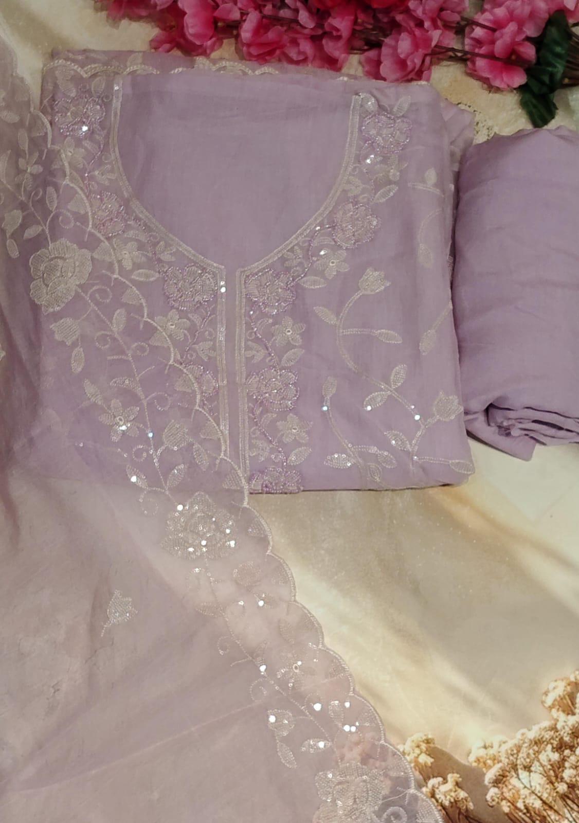 Lavender Mul Chanderi Heavy Embroidered Unstitched Suit Set with Dupatta | Code 071 | AASAKI