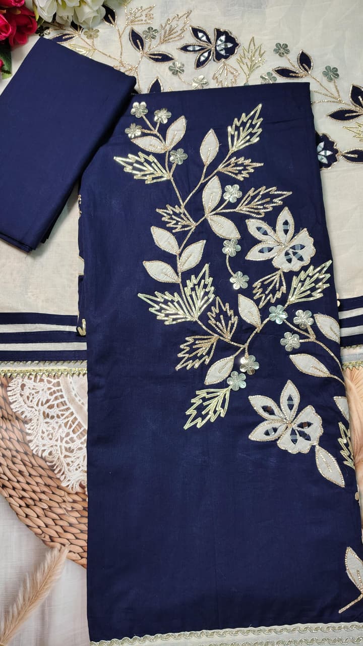 AASAKI Code 053 – Pure Cotton Party Wear Unstitched Suit with Embroidered Dupatta