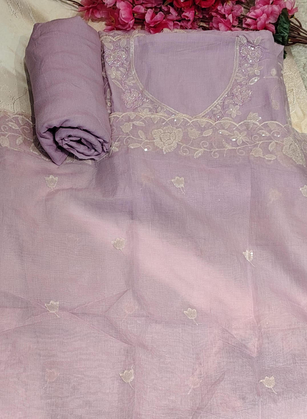 Lavender Mul Chanderi Heavy Embroidered Unstitched Suit Set with Dupatta | Code 071 | AASAKI