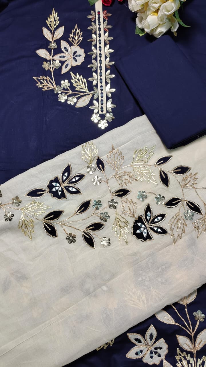 AASAKI Code 053 – Pure Cotton Party Wear Unstitched Suit with Embroidered Dupatta