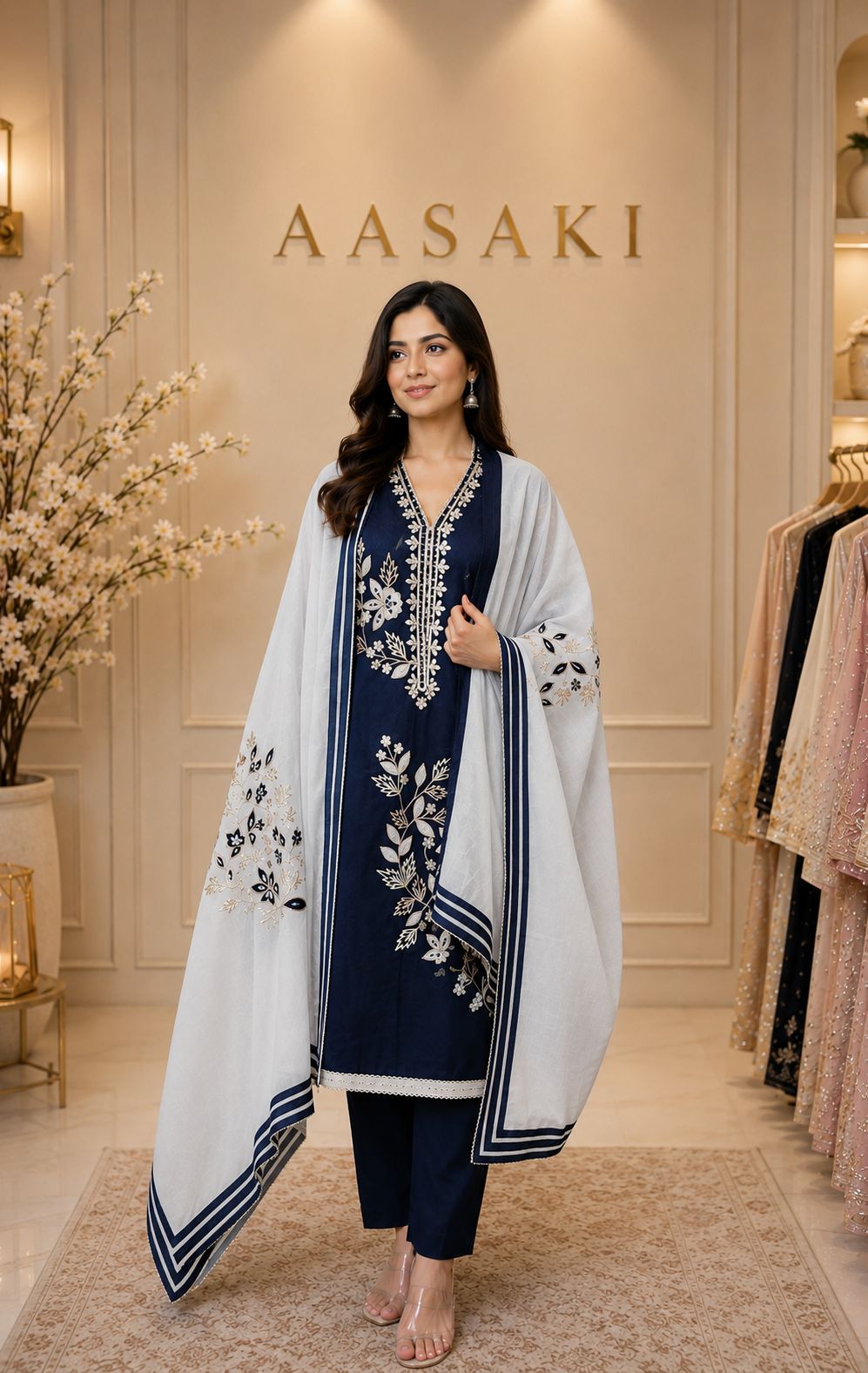 AASAKI Code 053 – Pure Cotton Party Wear Unstitched Suit with Embroidered Dupatta