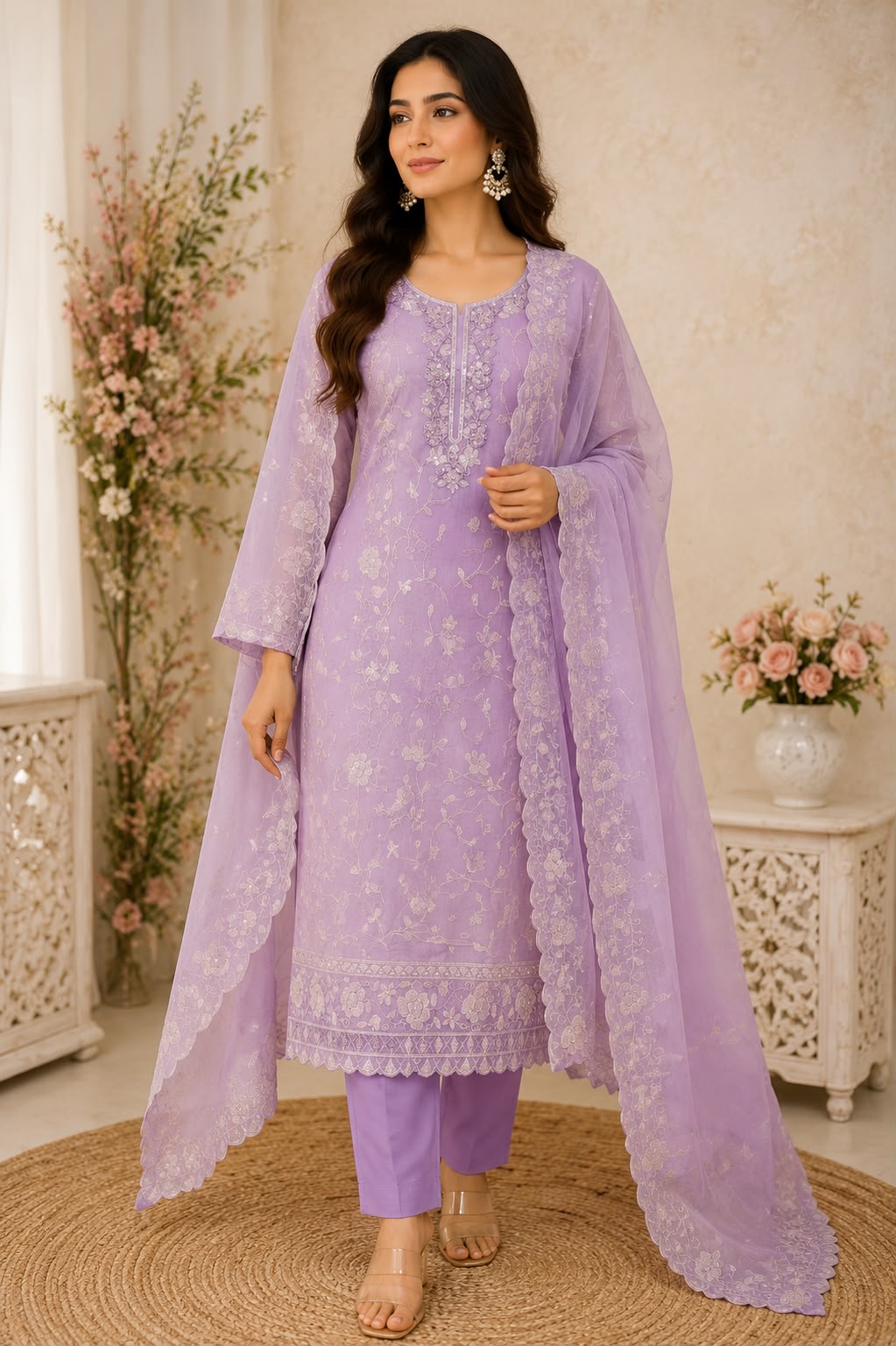 Lavender Mul Chanderi Heavy Embroidered Unstitched Suit Set with Dupatta | Code 071 | AASAKI
