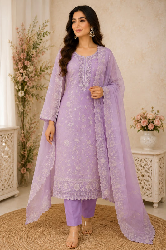 Lavender Mul Chanderi Heavy Embroidered Unstitched Suit Set with Dupatta | Code 071 | AASAKI