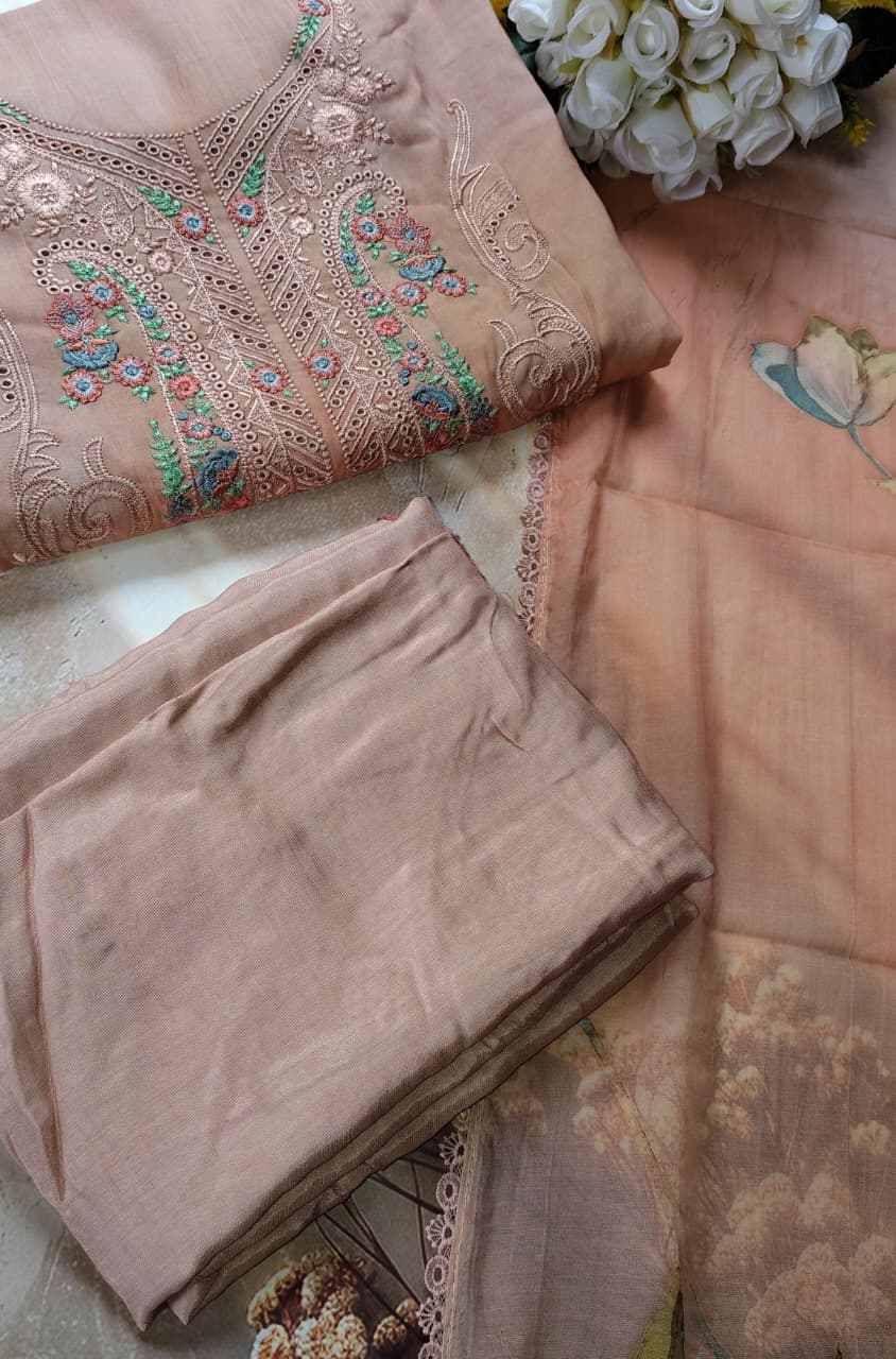 Code 042 – Premium Mul Chanderi Embroidered Suit with Floral Dupatta & Shantoon Bottom | Aasaki