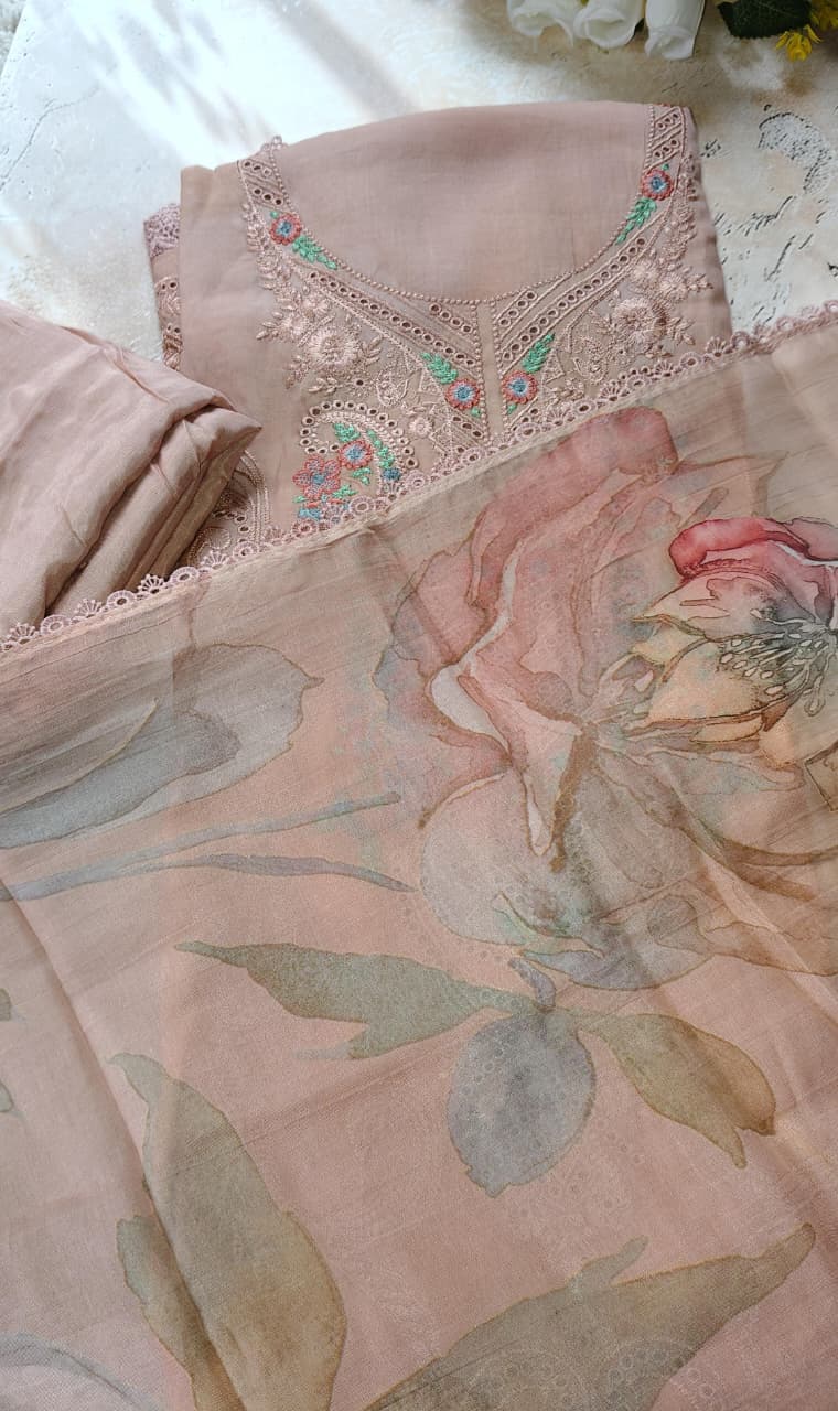 Code 042 – Premium Mul Chanderi Embroidered Suit with Floral Dupatta & Shantoon Bottom | Aasaki