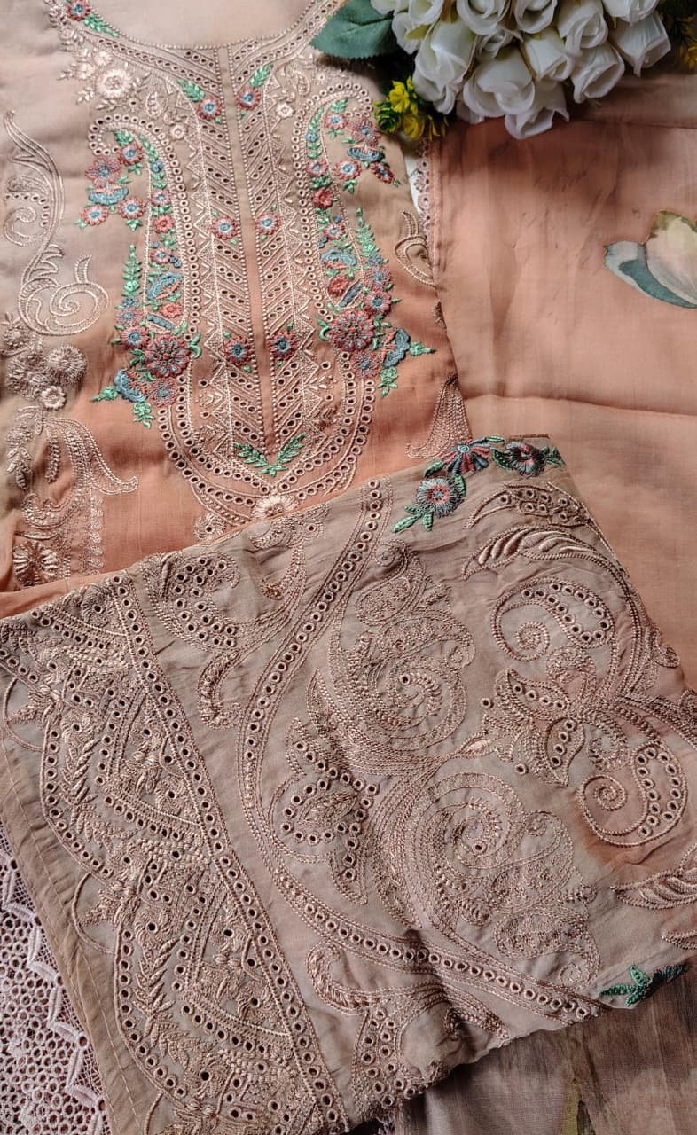 Code 042 – Premium Mul Chanderi Embroidered Suit with Floral Dupatta & Shantoon Bottom | Aasaki