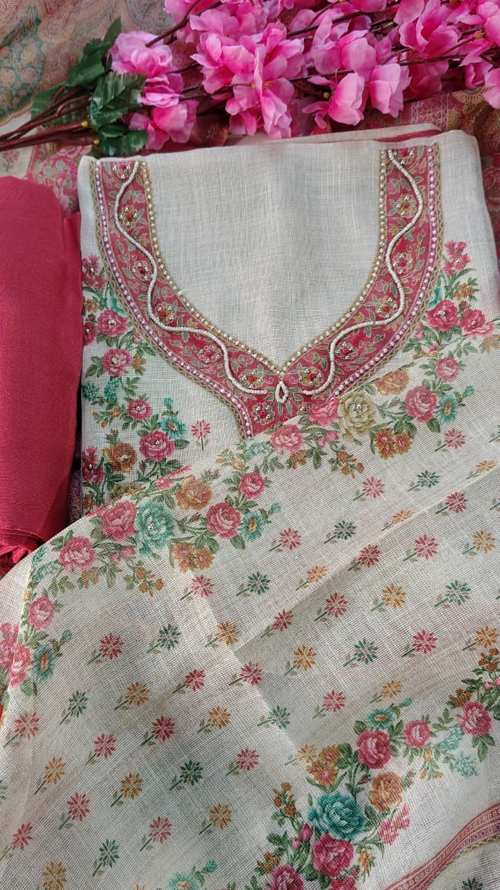 Premium Dola Silk Floral Unstitched Suit Set with Dupatta | Code 046 | AASAKI