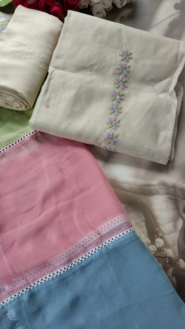 Code 062 Pearl Work Embroidered Cotton Suit with Pure Chiffon Dupatta | Aasaki