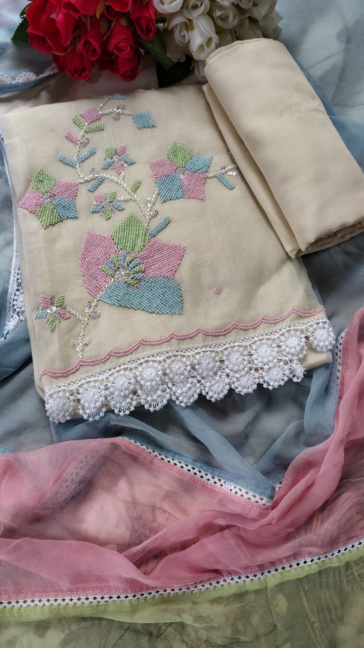 Code 062 Pearl Work Embroidered Cotton Suit with Pure Chiffon Dupatta | Aasaki