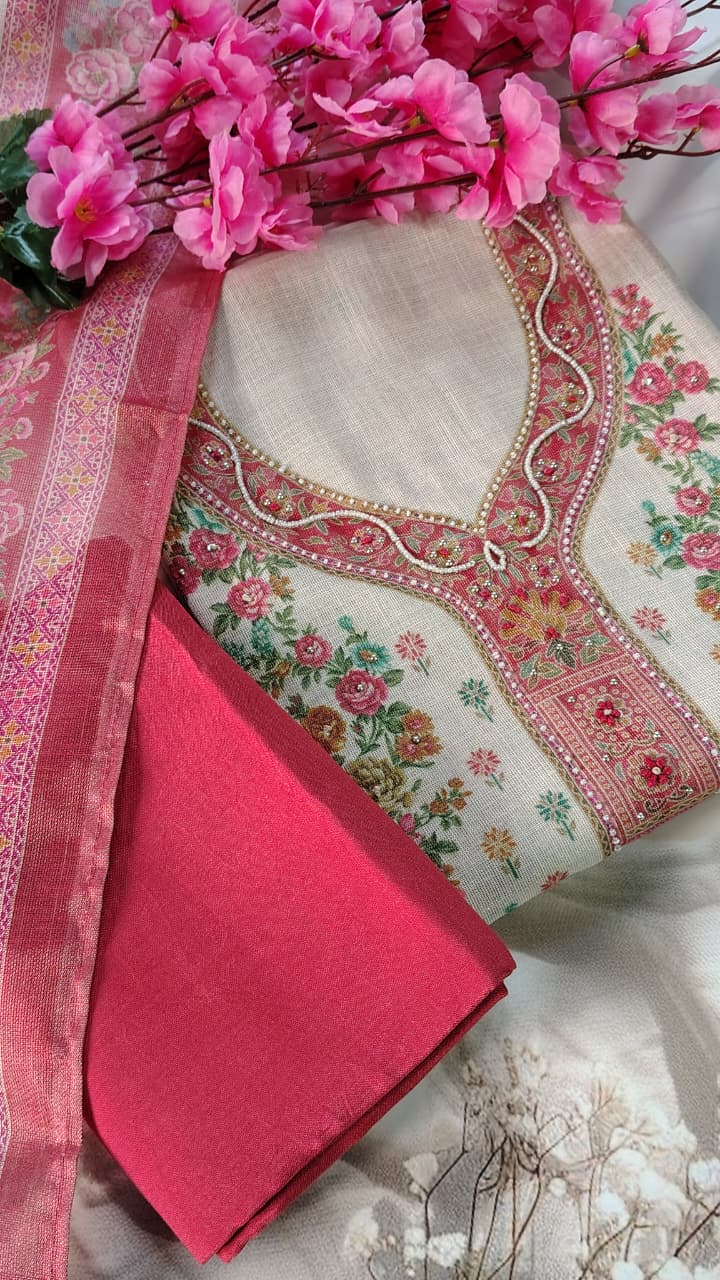 Premium Dola Silk Floral Unstitched Suit Set with Dupatta | Code 046 | AASAKI