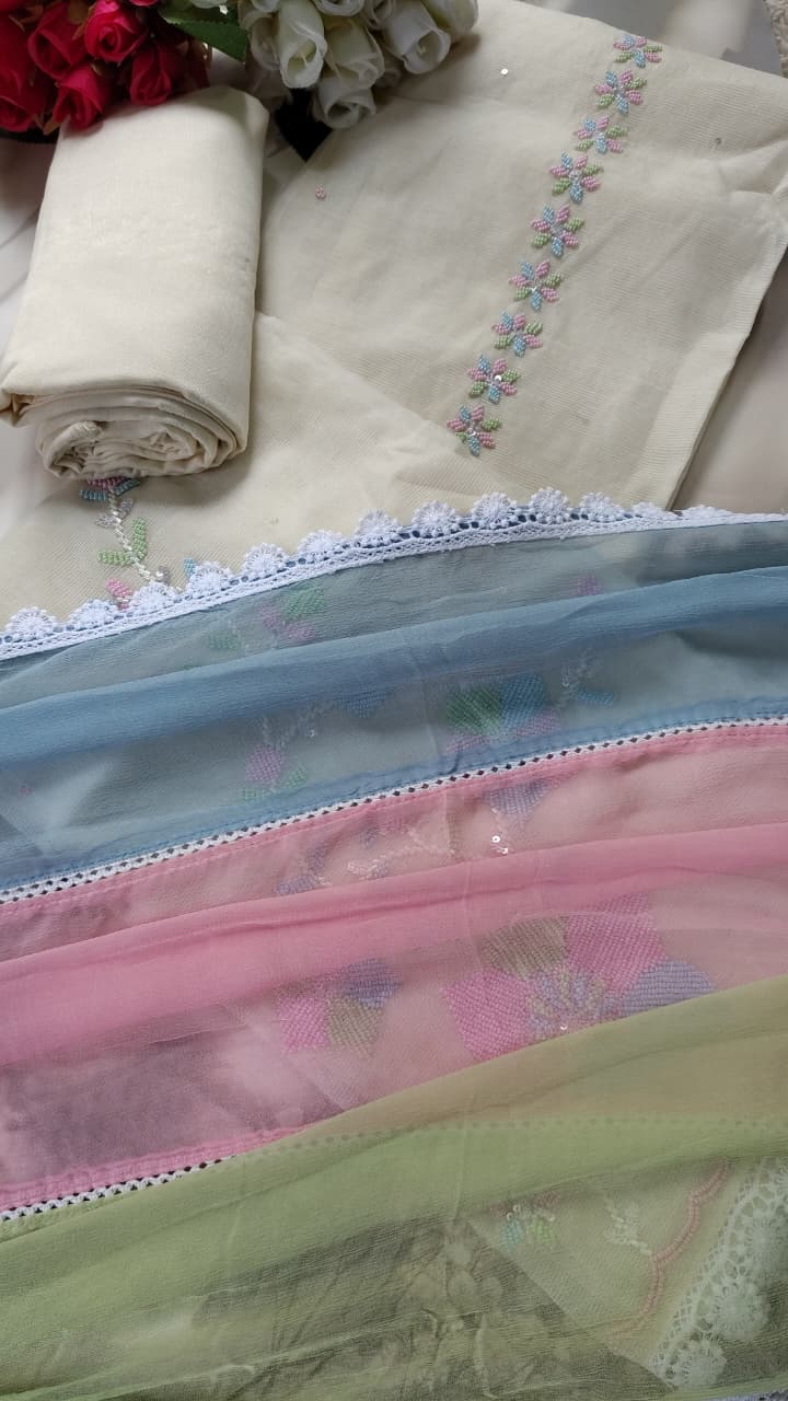 Code 062 Pearl Work Embroidered Cotton Suit with Pure Chiffon Dupatta | Aasaki