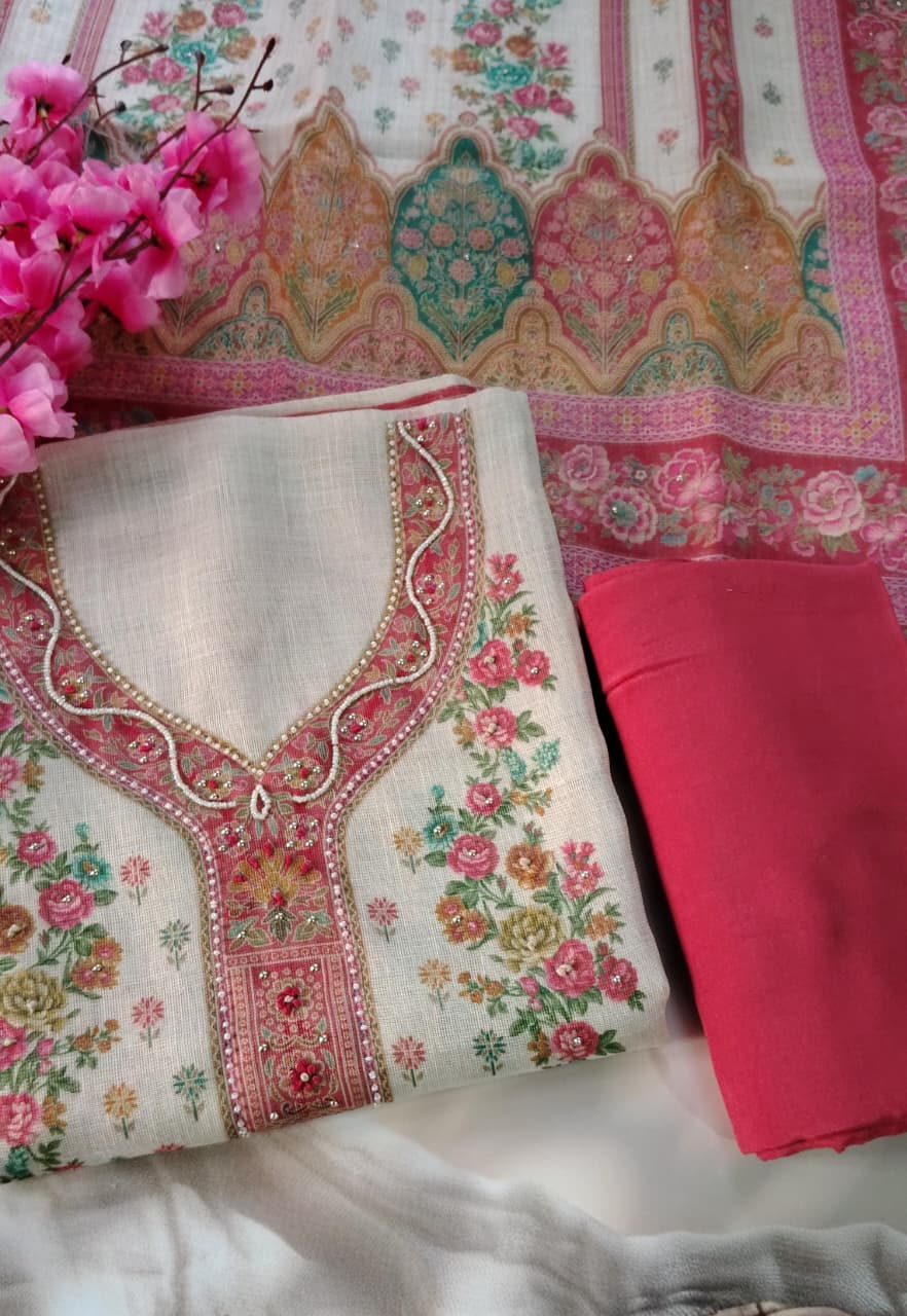 Premium Dola Silk Floral Unstitched Suit Set with Dupatta | Code 046 | AASAKI