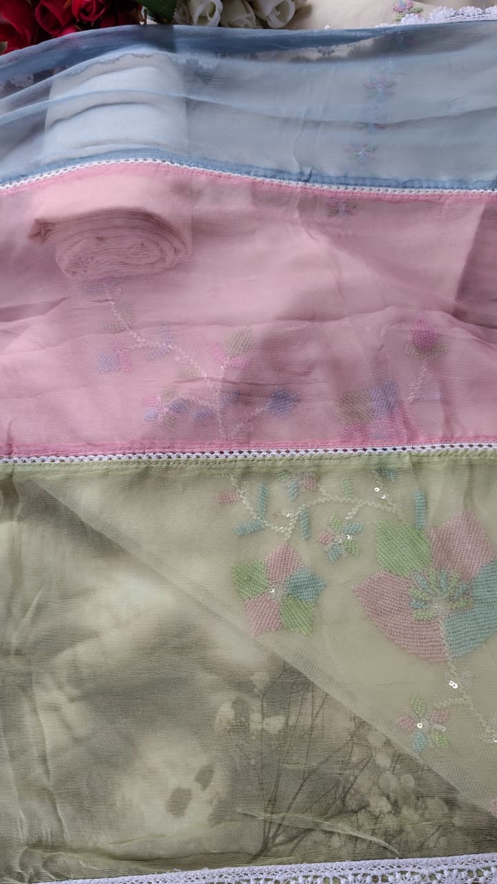 Code 062 Pearl Work Embroidered Cotton Suit with Pure Chiffon Dupatta | Aasaki