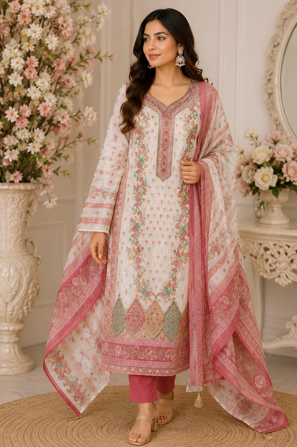 Premium Dola Silk Floral Unstitched Suit Set with Dupatta | Code 046 | AASAKI