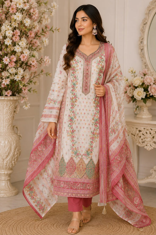 Premium Dola Silk Floral Unstitched Suit Set with Dupatta | Code 046 | AASAKI