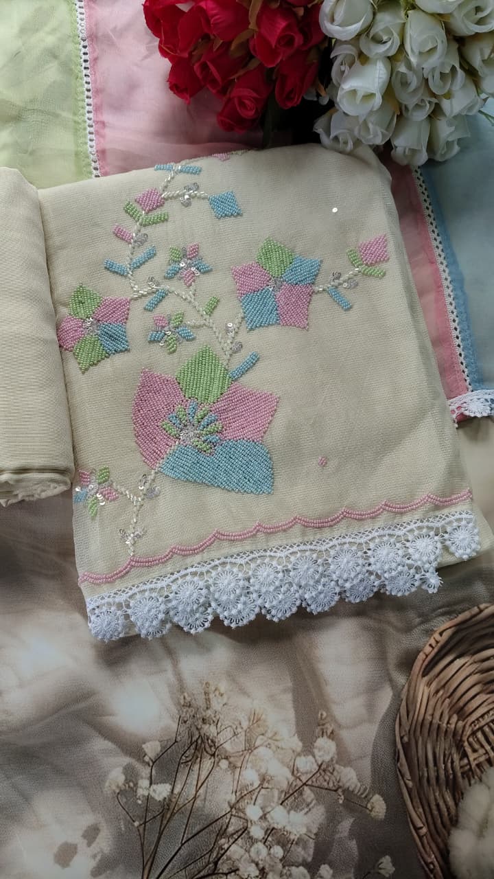 Code 062 Pearl Work Embroidered Cotton Suit with Pure Chiffon Dupatta | Aasaki