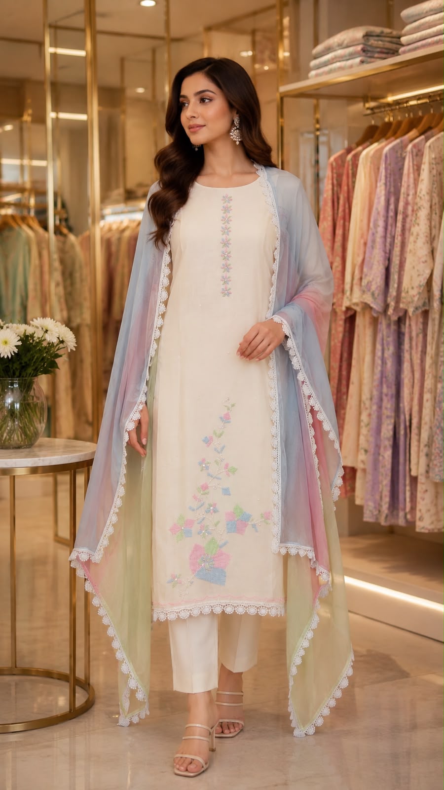 Code 062 Pearl Work Embroidered Cotton Suit with Pure Chiffon Dupatta | Aasaki
