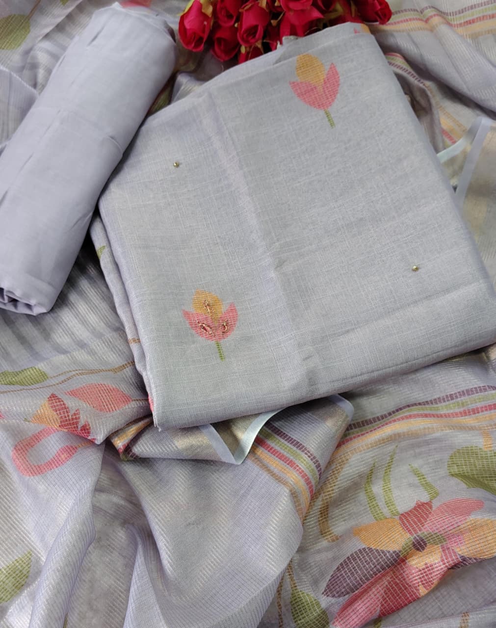 Code 023 Kota Doria Embroidered Unstitched Suit Set with Dupatta | AASAKI