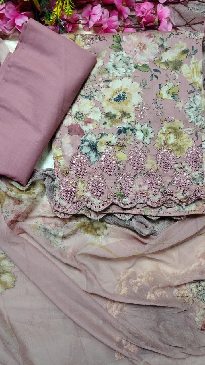 Code 054 Muslin Floral Unstitched Suit Set with Chiffon Dupatta | AASAKI