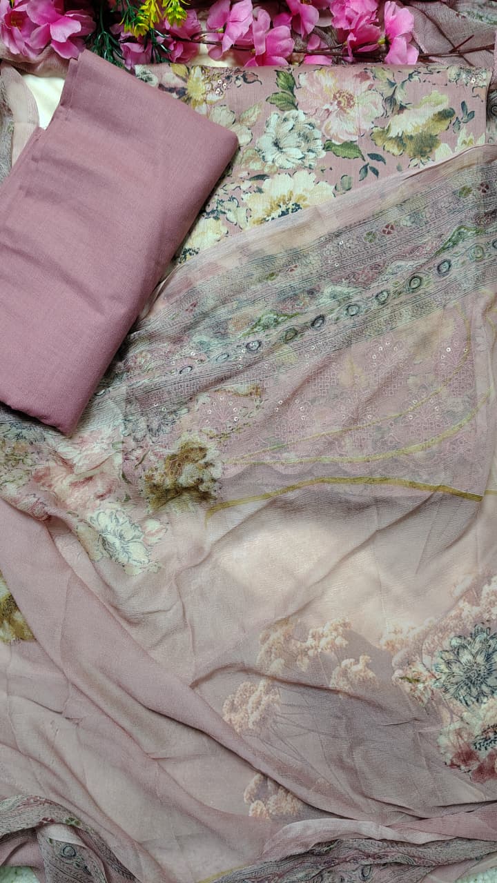 Code 054 Muslin Floral Unstitched Suit Set with Chiffon Dupatta | AASAKI