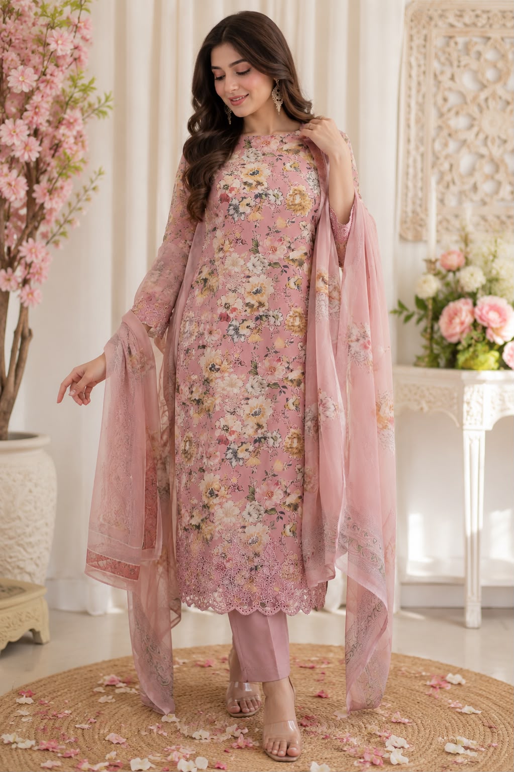 Code 054 Muslin Floral Unstitched Suit Set with Chiffon Dupatta | AASAKI