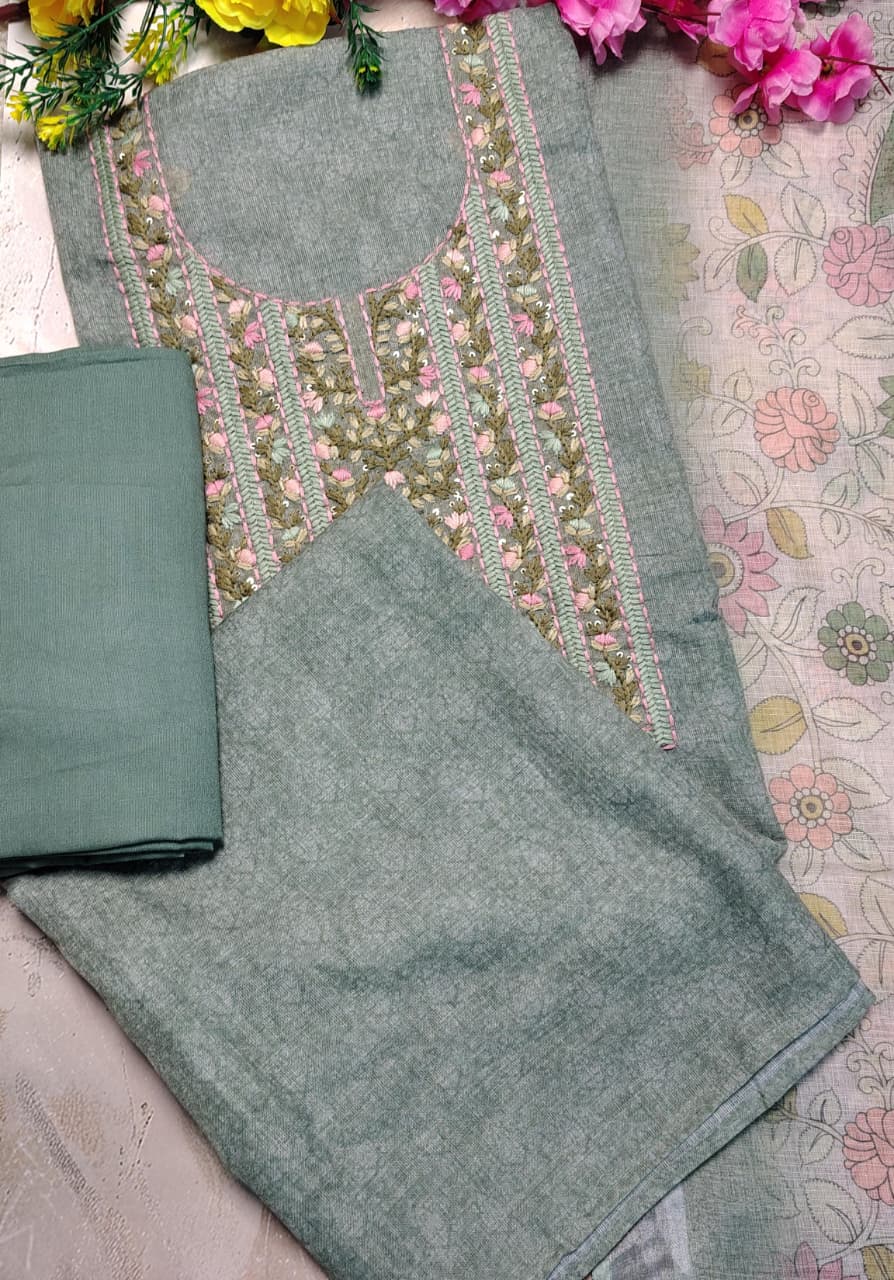Sage Green Mul Chanderi Embroidered Unstitched Suit Set with Dupatta | Code 073 | AASAKI