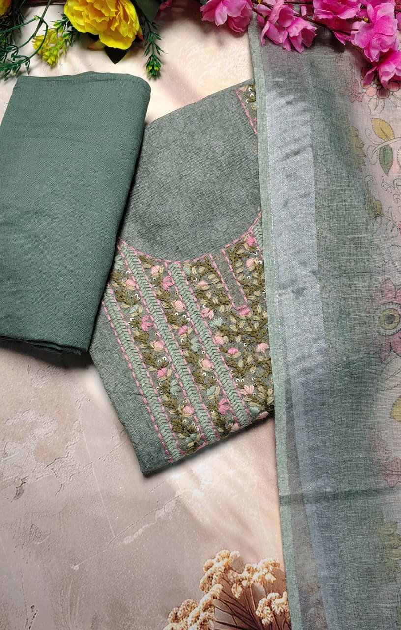 Sage Green Mul Chanderi Embroidered Unstitched Suit Set with Dupatta | Code 073 | AASAKI