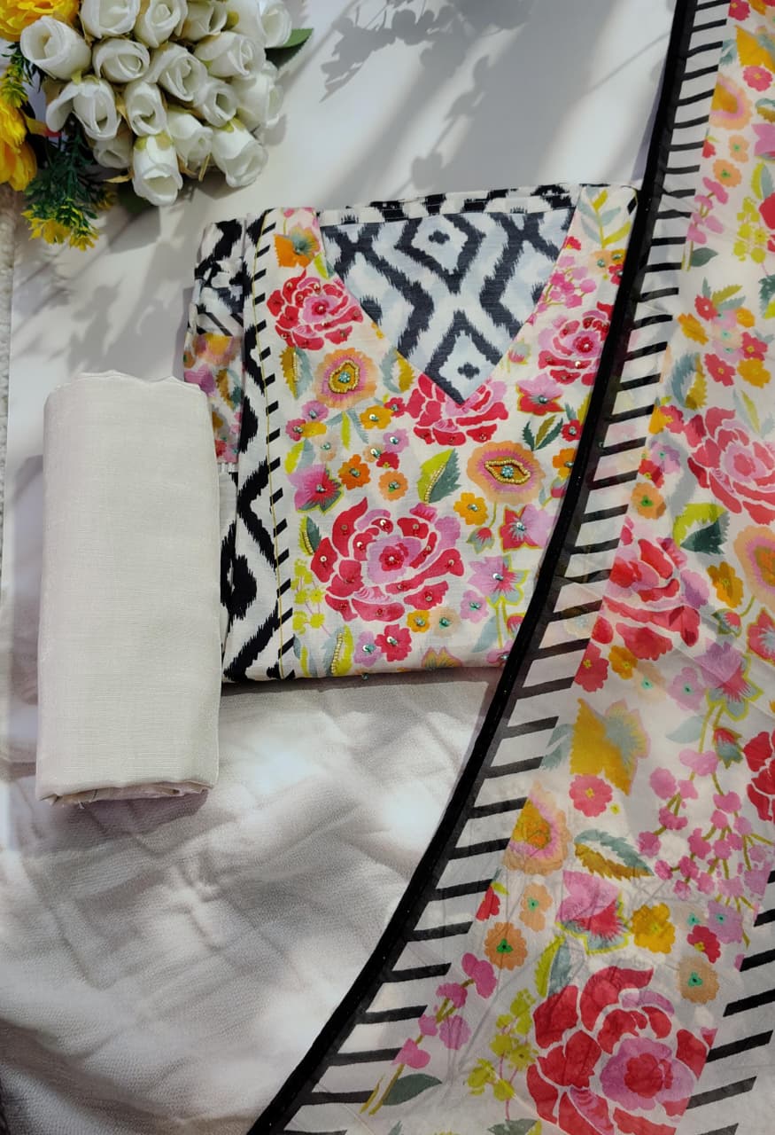 Premium Muslin Floral Printed Unstitched Suit Set with Designer Dupatta|Code 044
