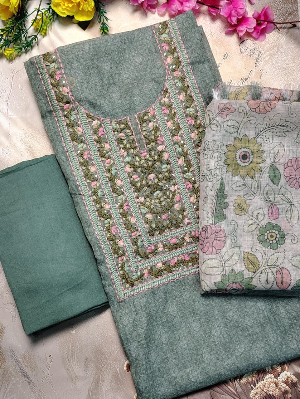 Sage Green Mul Chanderi Embroidered Unstitched Suit Set with Dupatta | Code 073 | AASAKI