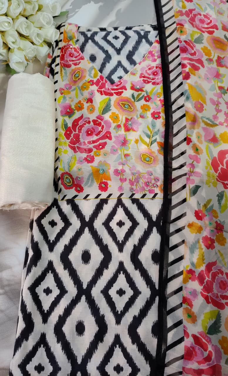 Premium Muslin Floral Printed Unstitched Suit Set with Designer Dupatta|Code 044