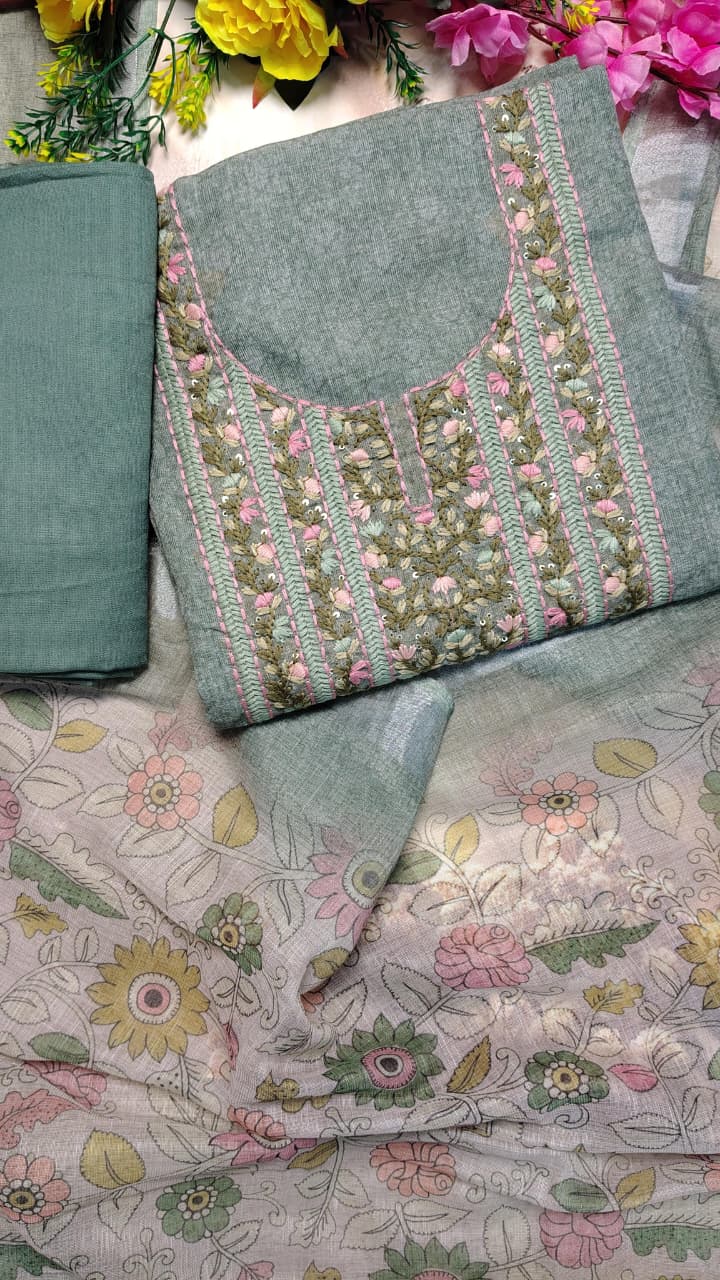 Sage Green Mul Chanderi Embroidered Unstitched Suit Set with Dupatta | Code 073 | AASAKI