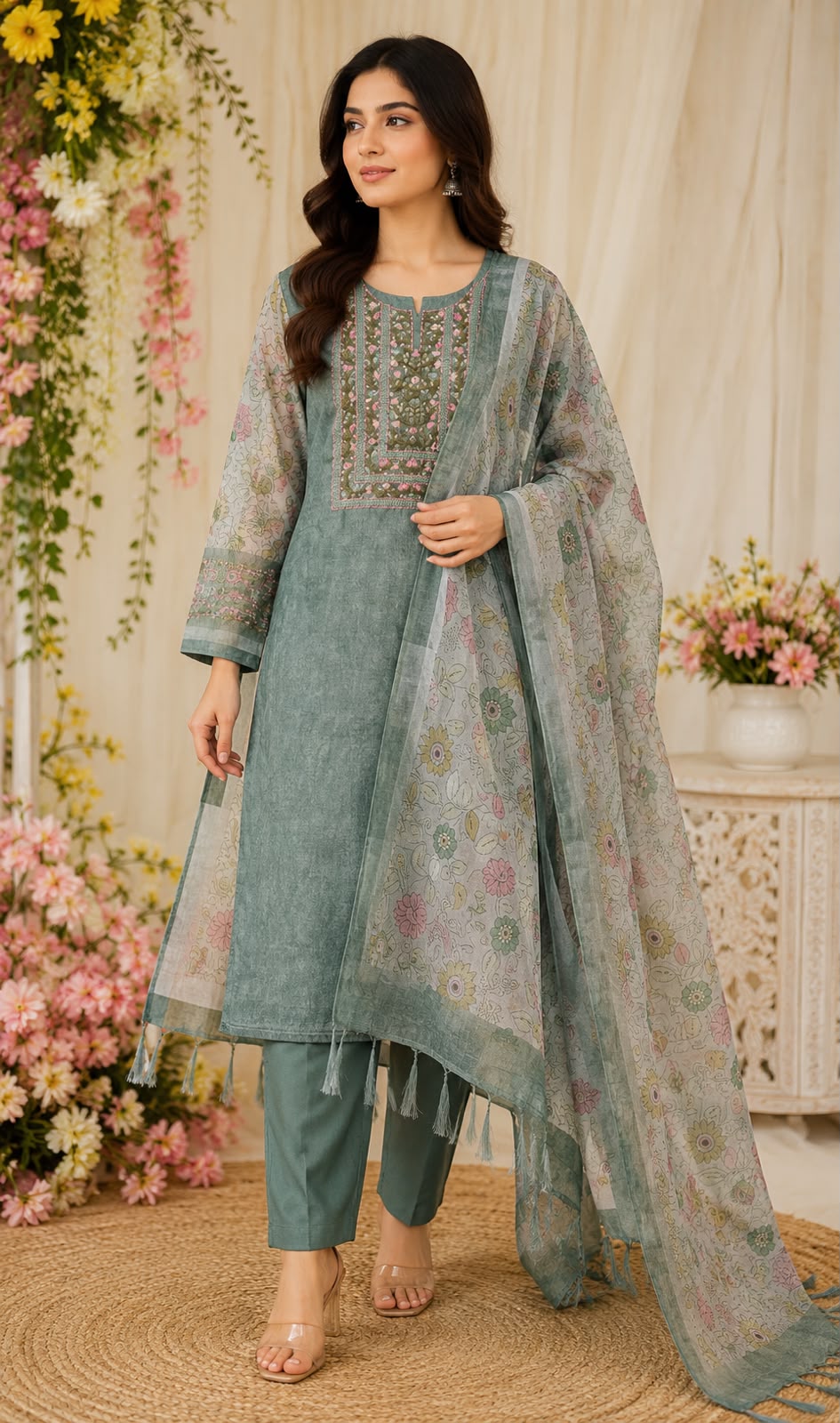Sage Green Mul Chanderi Embroidered Unstitched Suit Set with Dupatta | Code 073 | AASAKI