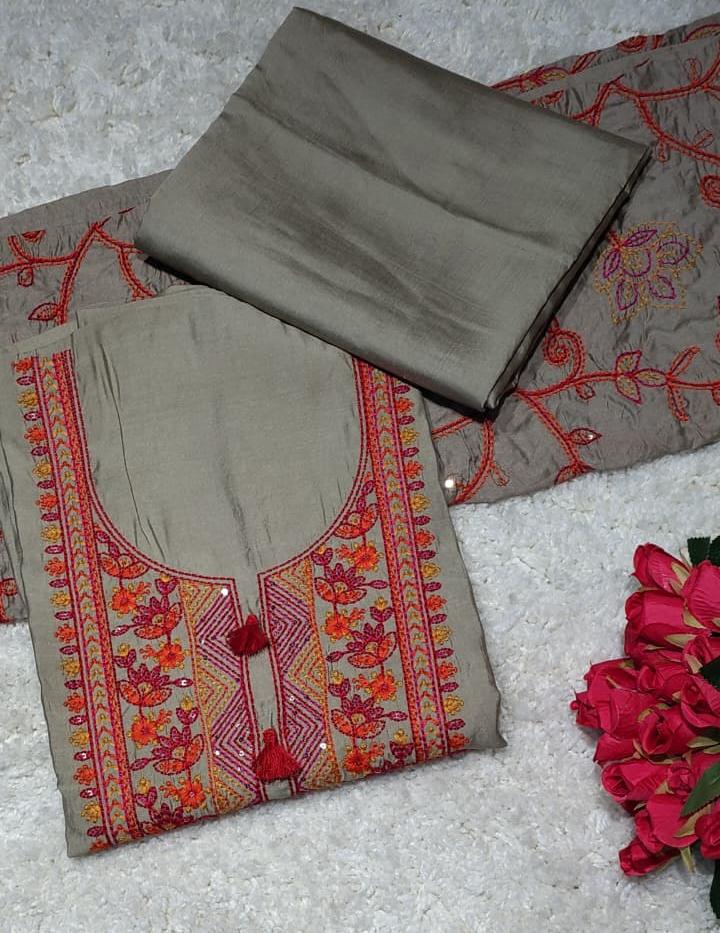 Code 014 Cotton Silk Blend Unstitched Suit Set with Embroidered Dupatta | AASAKI