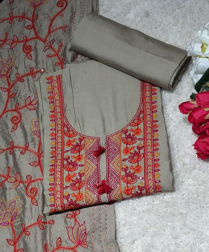 Code 014 Cotton Silk Blend Unstitched Suit Set with Embroidered Dupatta | AASAKI