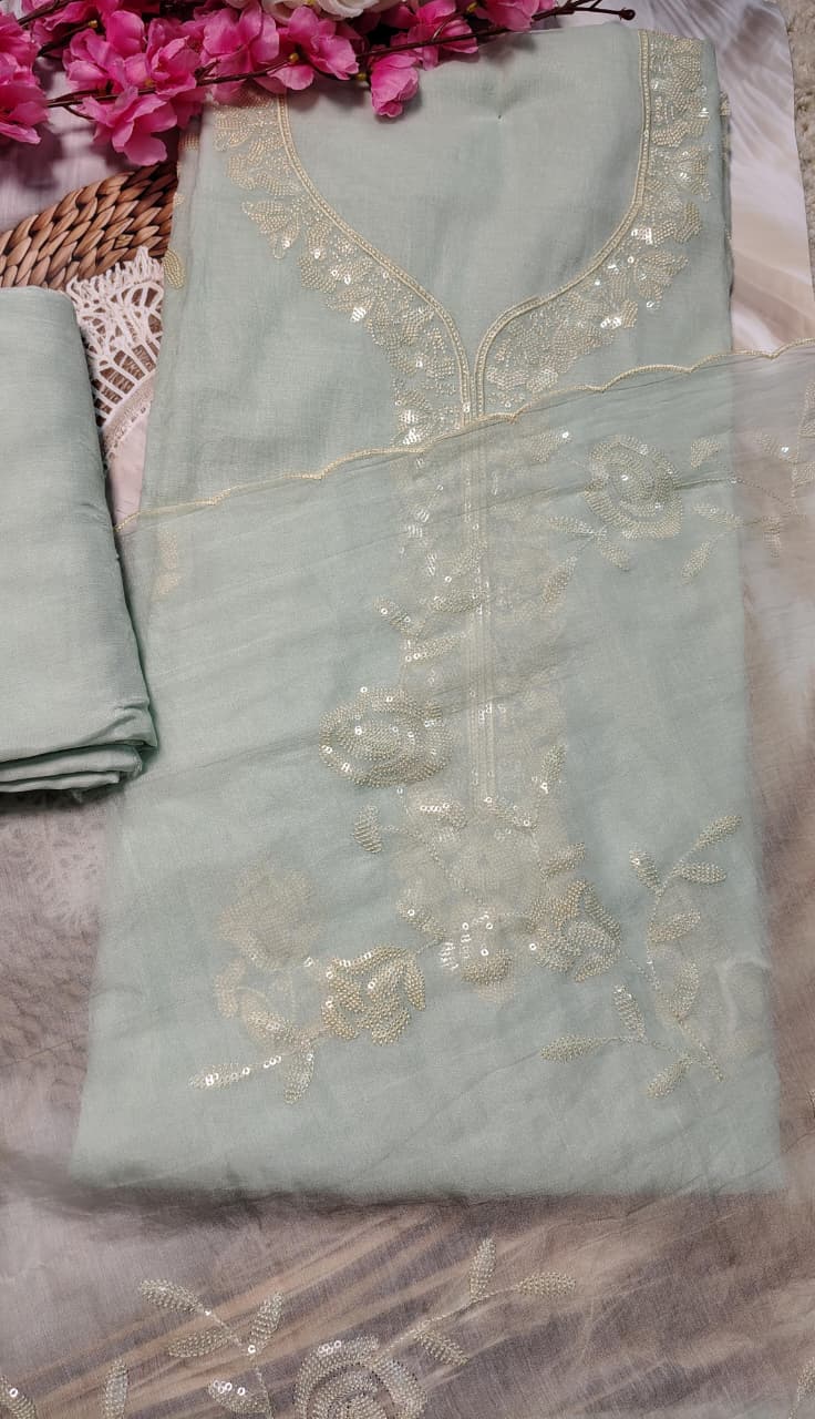 Ice Blue Mulchanderi Embroidered Suit Set with Dupatta | Code 068
