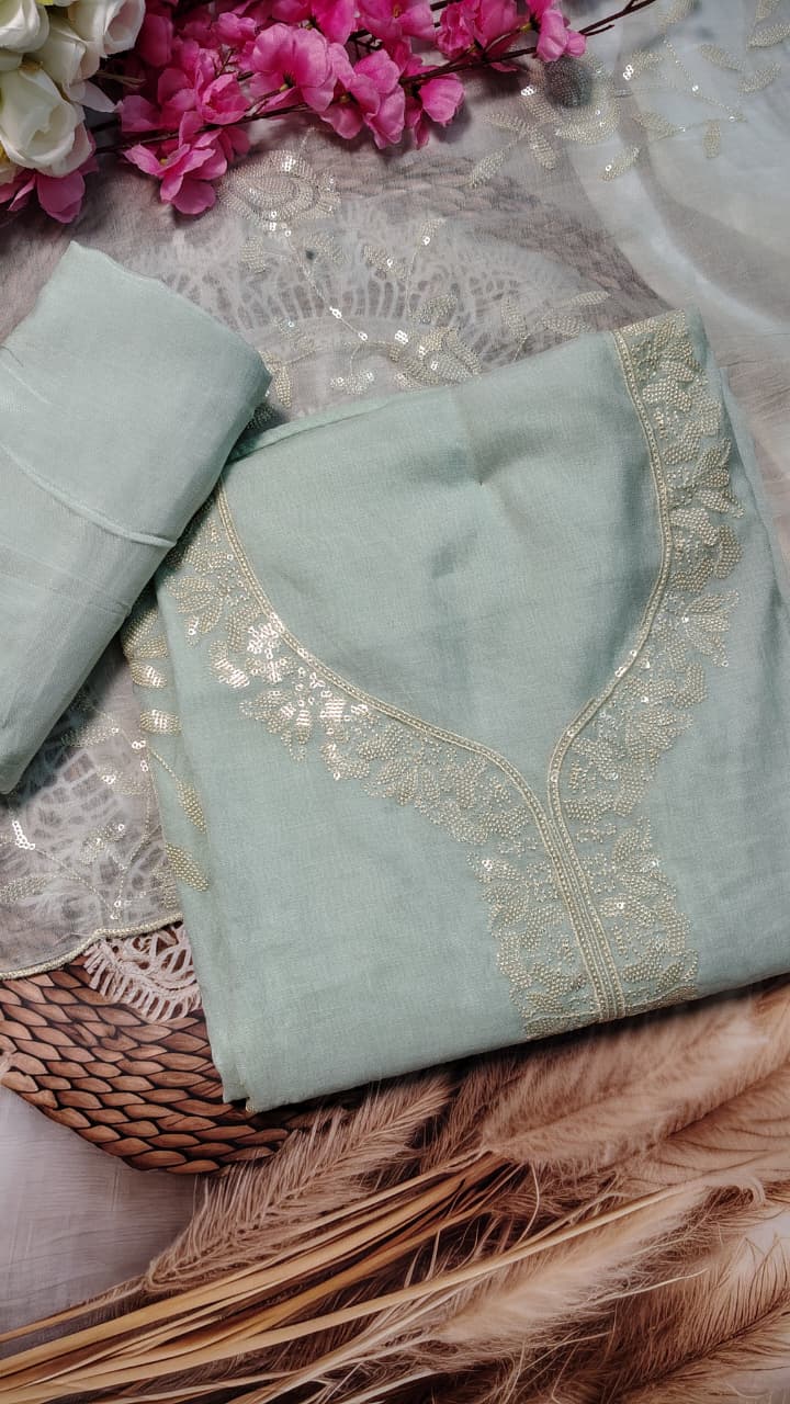Ice Blue Mulchanderi Embroidered Suit Set with Dupatta | Code 068