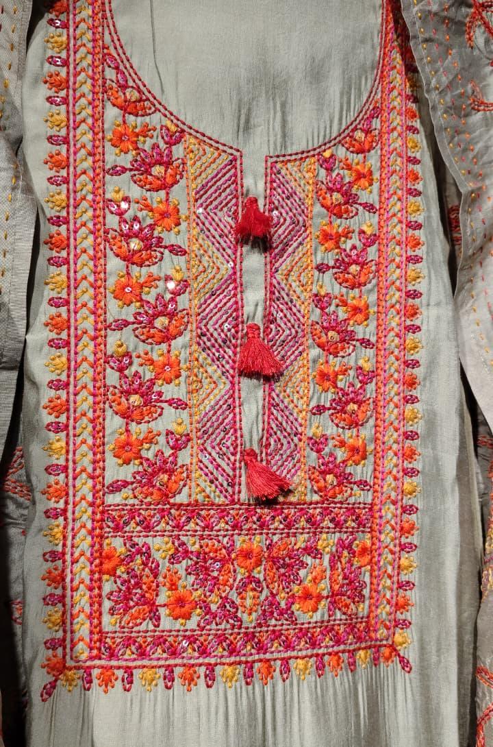 Code 014 Cotton Silk Blend Unstitched Suit Set with Embroidered Dupatta | AASAKI